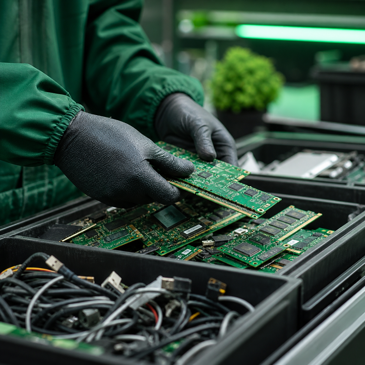 Profissional fazendo a triagem de placas e componentes eletrônicos